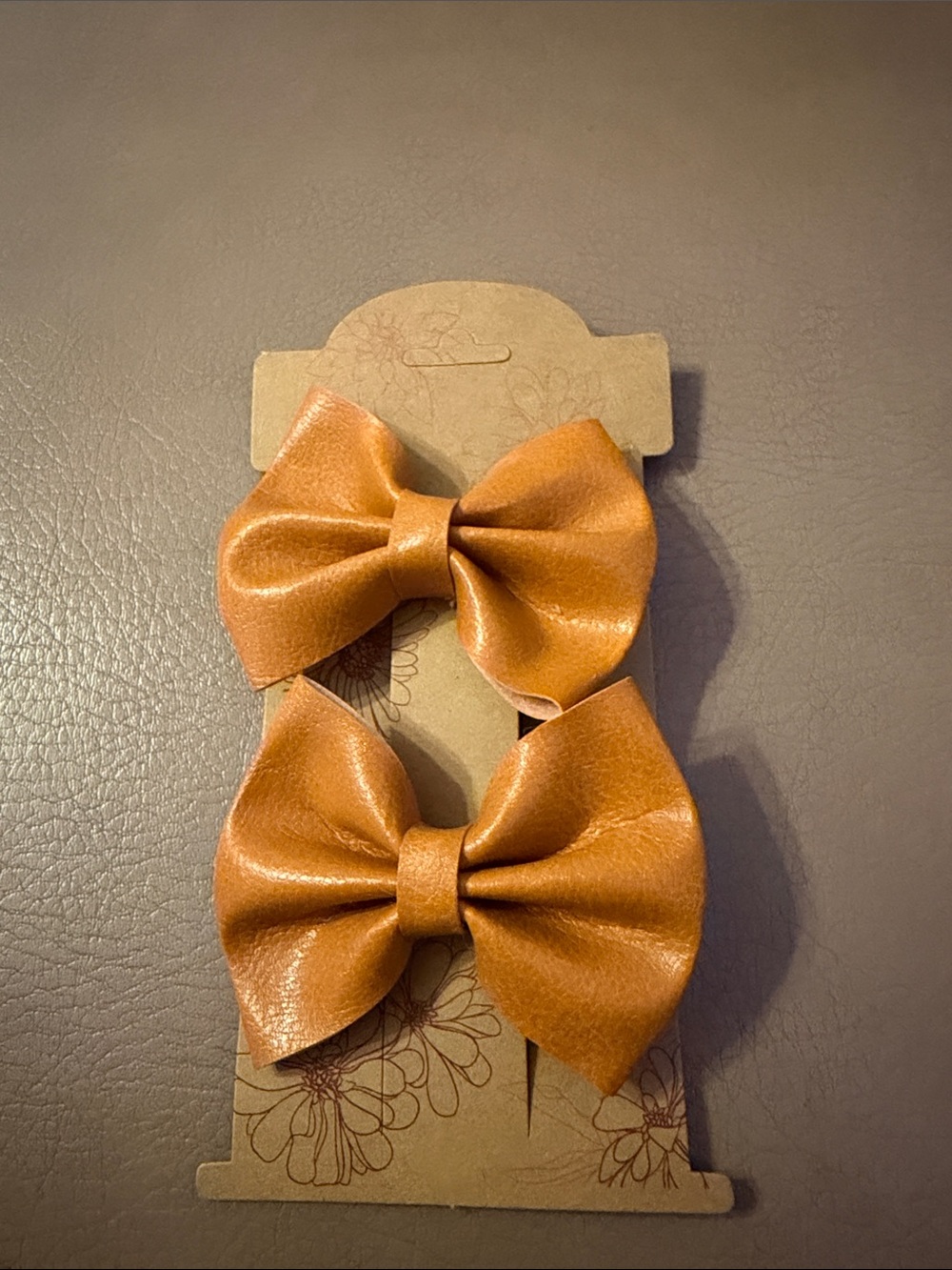 Hand Crafted Tan Faux Leather Bow Hair Clips - Set of 2
